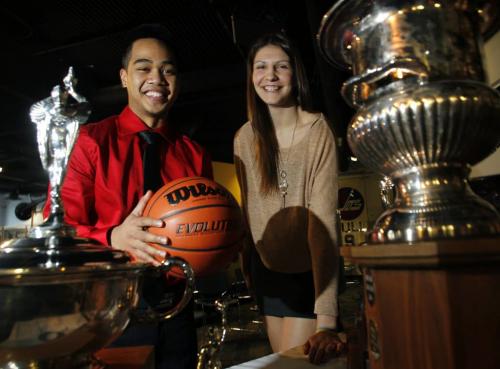 Josh Magpantay with the Garden City Fighting Gophers and Emily Potter with the Glenlawn Lions were two of the players at the 2013 Milk 'AAAA'High School Basketball Championships "Final Four" news conference Tuesday.  Melissa Martin STORY(WAYNE GLOWACKI/WINNIPEG FREE PRESS) Winnipeg Free Press March 12 2013