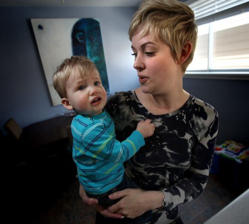 Bonnie Brask and her 13 month old sn Kai, are having problems finding child care so she can return to work. She says the problem is costing her at least a thousand dollars a month in lost wages as she can ony work part time.  March 12, 2013 - (Phil Hossack / Winnipeg Free Press)