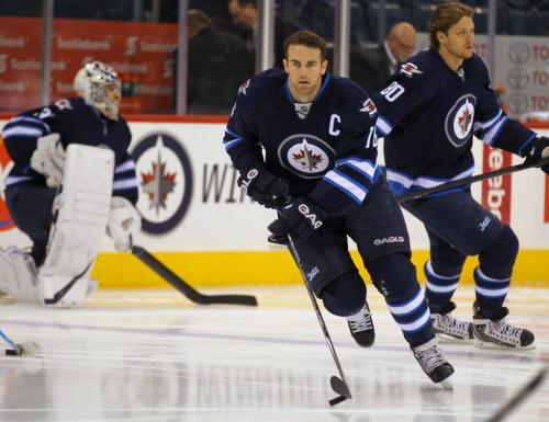 Andrew Ladd in pre-game warm up Tuesday.  March 12, 2013 - (Phil Hossack / Winnipeg Free Press)