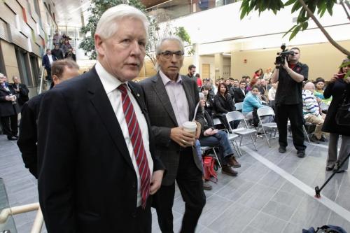 Liberal Leader Bob Rae and former National Chief Phil Fontaine participate in "Aboriginal People and Canada: The Way Forward," an open conversation held in the Richardson College Atrium at the University of Winnipeg.  130313 March 13, 2013 Mike Deal / Winnipeg Free Press
