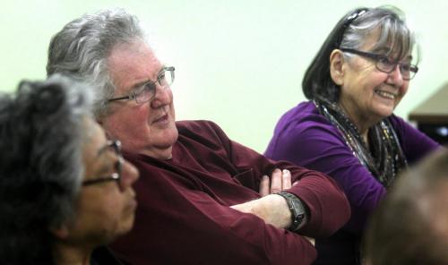 Paul Molloy and his wife Joan of the St Kateri Tekawitha Church react to the news of a new Pope Wednesday at a Church meeting. See Redekopp's story. March 13, 2013 - (Phil Hossack / Winnipeg Free Press)