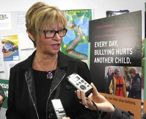 Education Minister Nancy Allan announced Thursday at Pinkham School the province is providing resources and supports to help parents deal with students being bullied in schools. see Larry Kusch story(WAYNE GLOWACKI/WINNIPEG FREE PRESS) Winnipeg Free Press March 14 2013