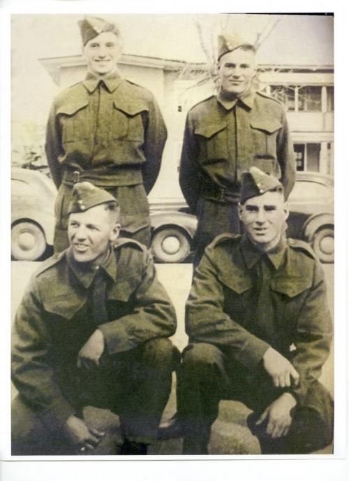 Photo supplied by family of William Bell. William Bell in bottom right. his brother iGordon Bell is top left (died in POW camp), Friend Denis Matthews bottom left (friend and brother to Norman, died in battle) and Norman Matthews in top right above William Bell (friend who died in POW camp).   For Winnipeg Free Press