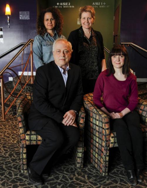 Director Heidi Malazdrewich (at bottom right) was the recipient of Royal Manitoba Theatre Centre donor funds, which will aid her in bringing a play to the Warehouse Stage on Lily St. from February 20 - March 8, 2014. Pictured with her (clockwise from bottom left) are MTC artistic director Steven Schipper, general manager Camilla Holland and director of development Kristine Betker. March 15, 2013. (REPORTER: KEVIN ROLLASON) (JESSICA BURTNICK/WINNIPEG FREE PRESS)
