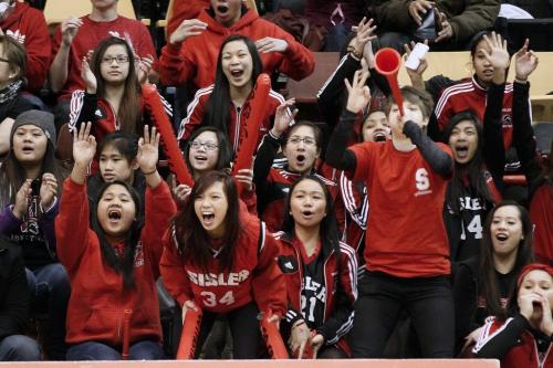 March 15, 2013 - 130315  - Sisler Spartans fans go nuts as their team scores on the Kelvin Clippers in a semi-final of the Provincial Highschool AAAA Basketball Championships at the University of Manitoba Friday, March 15, 2013. John Woods / Winnipeg Free Press