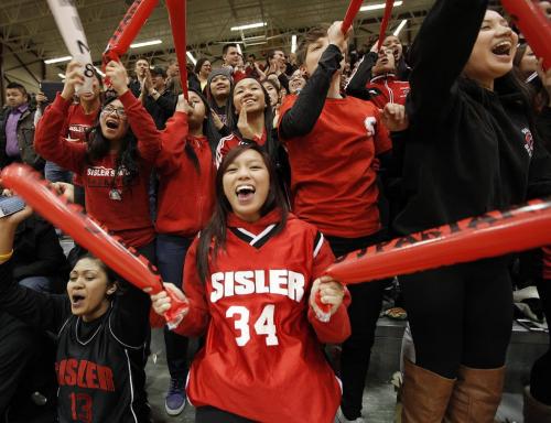 March 15, 2013 - 130315  - Sisler Spartans fans go nuts as their team defetas the Kelvin Clippers in a semi-final of the Provincial Highschool AAAA Basketball Championships at the University of Manitoba Friday, March 15, 2013. John Woods / Winnipeg Free Press