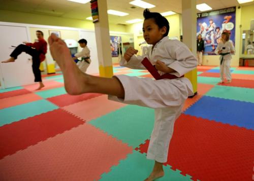 Anthony Contreras, 6, tests for his poom, or junior black belt in taekwondo at Choi's Taekwondo in Garden City Mall, Saturday, March 16, 2013. A very rare feat for someone this young. (TREVOR HAGAN/WINNIPEG FREE PRESS)