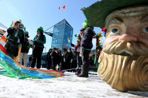 A large group prepares to depart from the St. Patricks Day Parade at The Forks, Saturday, March 16, 2013. (TREVOR HAGAN/WINNIPEG FREE PRESS)