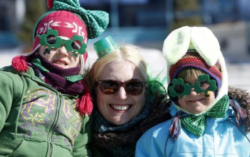 Danika McDougall, 7, Melissa Morison, and Kamryn McDougall, 4, waiting to walk in the St. Patricks Day Parade departs from The Forks, Saturday, March 16, 2013. (TREVOR HAGAN/WINNIPEG FREE PRESS)