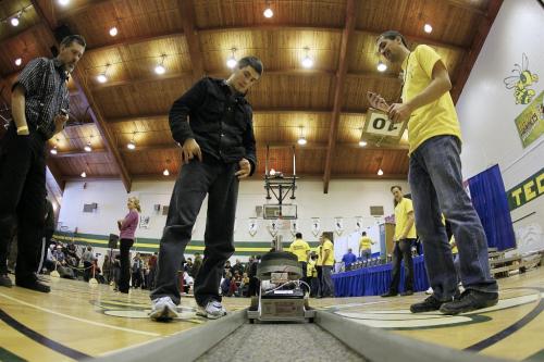 March 16, 2013 - 130316  -  Elliot Baer competes in the tractor pull at the Manitoba Robot Games at Tec Voc High School Saturday, March 16, 2013. John Woods / Winnipeg Free Press