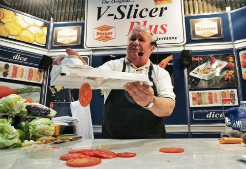 Dave Penuta from Ocean Sales demonstrates the Original V-Slicer at the Home Expressions Show at the Convention Centre.  130317 March 17, 2013 Mike Deal / Winnipeg Free Press