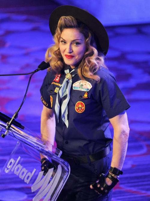 Madonna addresses the audience at the 24th Annual GLAAD Media Awards at the Marriott Marquis on Saturday March 16, 2013 in New York. Madonna presented CNN news anchor Anderson Cooper with the Vito Russo Award. (Photo by Evan Agostini/Invision/AP)