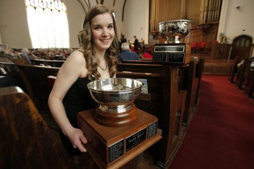 March 17, 2013 - 130317  -  Anne-Marie MacIntosh, winner of the Winnipeg Music Festival Rose Bowl, poses with her trophies in between performances at the Westminster United Church Sunday, March 17, 2013. John Woods / Winnipeg Free Press