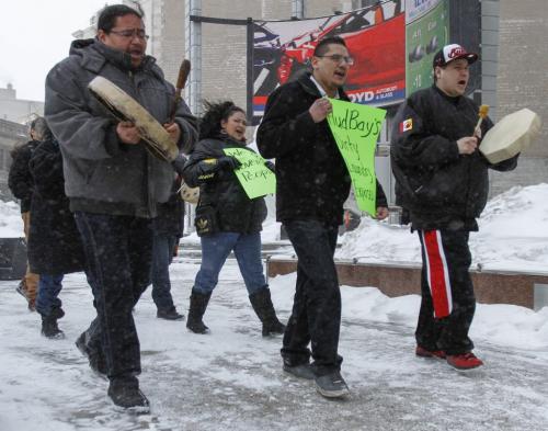 Protesters took part in a peaceful rally that began with a press conference at the Assembly of Manitoba Chiefs building at 275 Portage Ave. on Monday, March 18, 2013. The Assembly of Manitoba Chiefs, Keewatinowi Okimakanak and Southern Chiefs' Organization brought statements against Hudbay Minerals Inc., which purportedly seek to evict the Mathias Colomb Cree Nation people from their traditional lands and have threatened Mathias Colomb Cree Nation Chief Arlen Dumas to a jail term. March 18, 2013. (REPORTER: KEVIN ROLLASON) (JESSICA BURTNICK/WINNIPEG FREE PRESS)