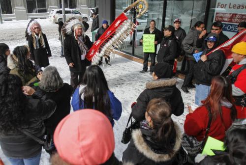 Assembly of Manitoba Chiefs Grand Chief Derek Nepinak addressed protesters that took part in a peaceful rally that began with a press conference at the Assembly of Manitoba Chiefs building at 275 Portage Ave. on Monday, March 18, 2013. The Assembly of Manitoba Chiefs, Keewatinowi Okimakanak and Southern Chiefs' Organization brought statements against Hudbay Minerals Inc., which purportedly seek to evict the Mathias Colomb Cree Nation people from their traditional lands and have threatened Mathias Colomb Cree Nation Chief Arlen Dumas to a jail term. March 18, 2013. (REPORTER: KEVIN ROLLASON) (JESSICA BURTNICK/WINNIPEG FREE PRESS)