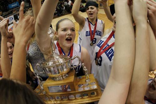 March 18, 2013 - 130318  -  Oak Park Raiders celebrate a defeating the Glen Lawn Lions in the AAAA Provincial Basketball Championship at the University of Manitoba Monday, March 18, 2013 - John Woods / Winnipeg Free Press