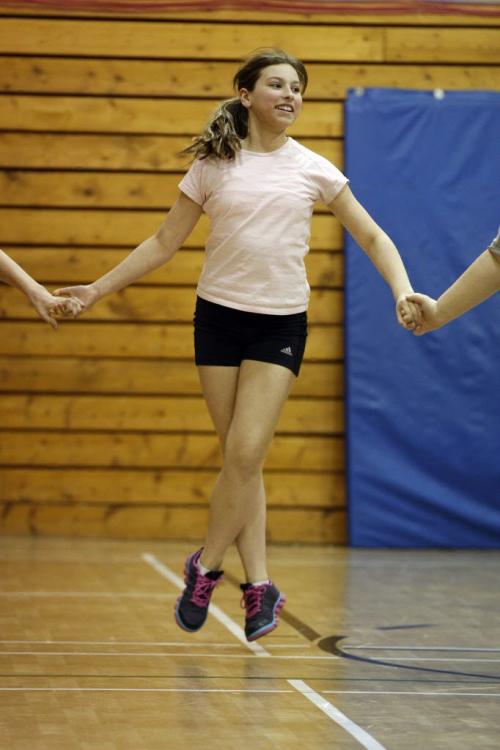 (Balmoral MB north of Stonewall )  ) Balmoral School Gr.5 student Samantha  Holyk  takes part in gym blast team sport event ( competitive ,athletic , teamwork activity) Äì for Nick Martin Grade 5 project story  KEN GIGLIOTTI / Mar. 19 2013 / WINNIPEG FREE PRESS