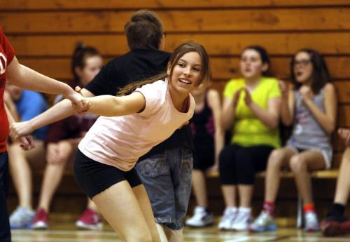 (Balmoral MB north of Stonewall )  ) Balmoral School Gr.5 student Samantha  Holyk  takes part in gym blast event ( competitive ,athletic , teamwork activity) Äì for Nick Martin Grade 5 project story  KEN GIGLIOTTI / Mar. 19 2013 / WINNIPEG FREE PRESS