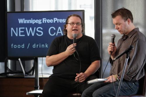Winnipeg Free Press justice reporter Mike McIntyre and reporter Geoff Kirbyson during a lunch-hour chat at the downtown Winnipeg Free Press News Cafe.  130320 March 20, 2013 Mike Deal / Winnipeg Free Press