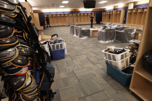 Darren Cameron- director of communications and media relations for the Winnipeg Blue Bombers shows off new players dressing room in Investors Group Field that is under construction- The new stadium will be home to the Winnipeg Blue Bombers for the 2013 season-See Paul Wiecek story- March 08, 2013   (JOE BRYKSA / WINNIPEG FREE PRESS)