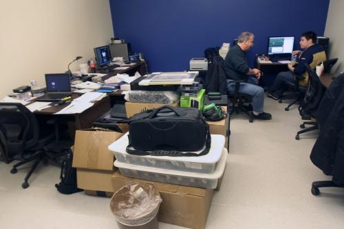 Winnipeg Blue Bombers video staff setting up their new room in new stadium -  The Free Press was given a tour in Investors Group Field that is under construction- The new stadium will be home to the Winnipeg Blue Bombers for the 2013 season-See Paul Wiecek story- March 08, 2013   (JOE BRYKSA / WINNIPEG FREE PRESS)