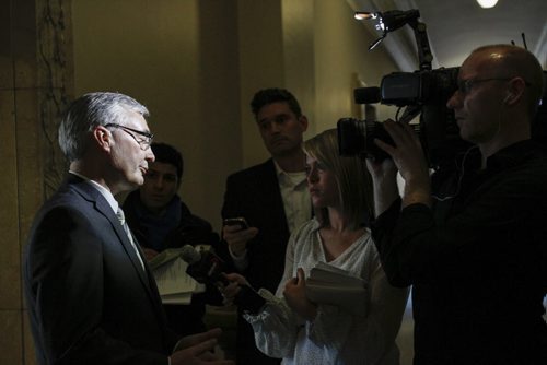 Finance Minister Stan Struthers met with reporters outside his office at the Manitoba Legislative building Thursday afternoon to discuss his thoughts about the recently released budget. March 21, 2013. (REPORTER: LARRY KUSCH) (JESSICA BURTNICK/WINNIPEG FREE PRESS)