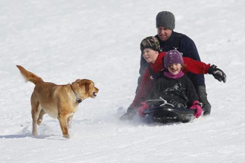 March 23, 2013 - 130323  -  Brendan, Carson, Hayley Toet go sledding at Kilcona Park with their dog Sheela Saturday, March 23, 2013. John Woods / Winnipeg Free Press