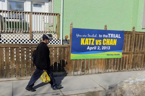 Katz vs. Chan sign on the fence of 709 Simcoe. March 25, 2013  BORIS MINKEVICH / WINNIPEG FREE PRESS