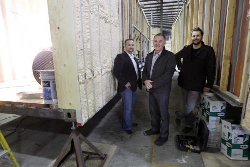 L to R- Jeff Olafson of Gardon Construction, John Kozlowski- of Assiniboine Park Conservancy, and Jeff Duerksen of Peter Sampson Architecture with three large shipping containers that are being converted into public washrooms for Assiniboine ParkSee Murray McNeil story- March 27, 2013   (JOE BRYKSA / WINNIPEG FREE PRESS)