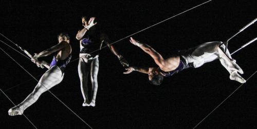 Members of the Flying Pages perform on the flying trapeze and Russian Swing at the Super Spring Break Circus, which is in town for three shows, set to span March 26-27 at the MTS Centre. The show features a mix of human and animal acts. Wednesday, March 27, 2013. (JESSICA BURTNICK/WINNIPEG FREE PRESS)