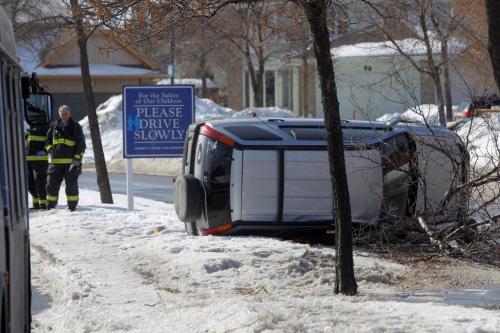 A car spun out of control and took out a tree De La Seigneurie Blvd between Cassin Cres and Peres Oblats at around 11am. Fire crews and police on scene. No word on injuries. March 26, 2013  BORIS MINKEVICH / WINNIPEG FREE PRESS