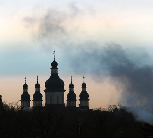 Foggy Morning- The Holy Trinity Ukrainian Orthodox Cathedral on Main St in Winnipeg in a light fog and heating exhaust as seen from the Slaw Rebchuck bridgestandup photo- March 28, 2013   (JOE BRYKSA / WINNIPEG FREE PRESS)