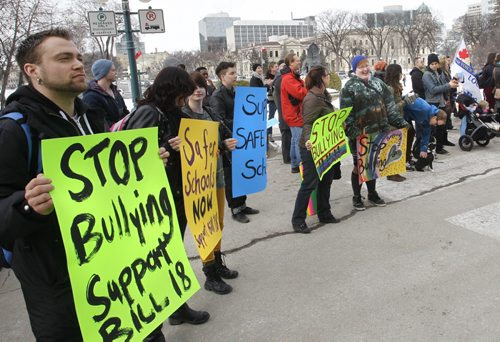 About 100 people attended a rally in front of the Manitoba Legislative building Thursday afternoon in support of the Manitoba government's Bill 18.  (WAYNE GLOWACKI/WINNIPEG FREE PRESS) Winnipeg Free Press March 28 2013