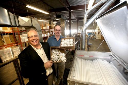 Shedon Koslovsky (left) and Gord Lenz with Environmental Disposal Solutios.  There company has a machine to separate the components of fluorescent  and CFL lightbulbs in a environmentally safe way. These bulbs contain mercury which is unsafe for the environment. Business story. Photography by  Ruth Bonneville /  Winnipeg Free Press)