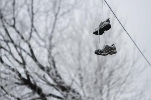 A pair of sneakers dangles from a power line in a North End neighbourhood amid the frost and fog on Good Friday morning. (JESSICA BURTNICK/WINNIPEG FREE PRESS)