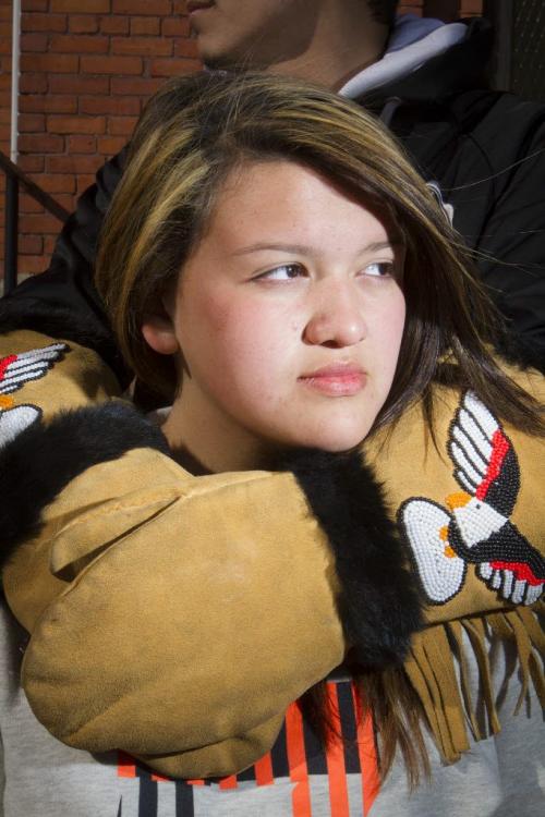 Kenora ON April 1 2013 - Alyssa Nepinak, 12 at the Knox United church Kenora here today,  is walking in a group to Ottawa as part of Idle No More and has been facing racism on the road, Lindor Reynolds story. Photo Tom Thomson