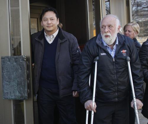 At left, Joe Chan with City Councilor Harvey Smith leave the Law Courts Bld. after attending the Mayor's conflict of interest court case Tuesday. Bart Kives and Mike McIntyre stories.(WAYNE GLOWACKI/WINNIPEG FREE PRESS) Winnipeg Free Press April 2 2013