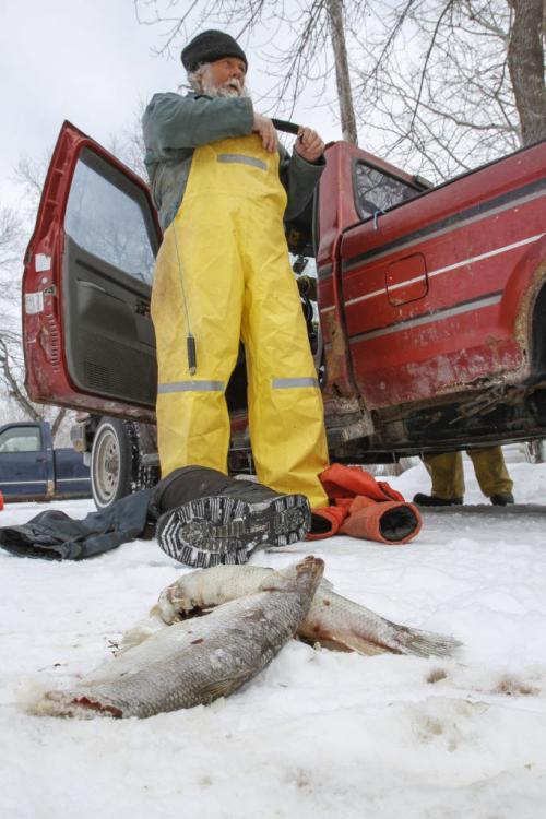 Fairford, Man. ice fishermen Frank Kenyon suits up for a day on Lake Manitoba on Tuesday, March 26, 2013. Frozen bits and pieces of by catch lay about his lakeside property (foreground). (REPORTER: BARTLEY KIVES) (JESSICA BURTNICK/WINNIPEG FREE PRESS)