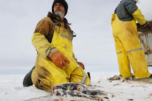 Fairford, Man. ice fisherman Randy Strawa kneels in front of the fishermen's catch on Lake Manitoba. Tuesday, March 26, 2013. (REPORTER: BARTLEY KIVES) (JESSICA BURTNICK/WINNIPEG FREE PRESS)