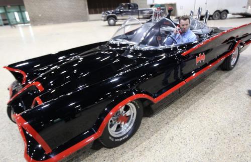 Bat Mobile in Winnipeg- Winnipeg Free Press reporter Geoff Kirbyson one of six original Bat mobiles from the hit series Batman- 1966 era- It can be seen this weekend at Piston Ring's 39th World of Wheels. 3 days at the Winnipeg Convention Centre. April 5th to April 7thstandup photo- April 03, 2013   (JOE BRYKSA / WINNIPEG FREE PRESS)