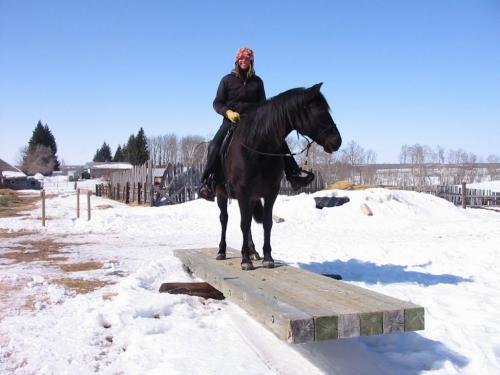 Horse whisperer Judith Graile.   015, 016 - Judith Graile and horse, Ebony, on a teeter totter.  Bill Redekop / Winnipeg Free Press