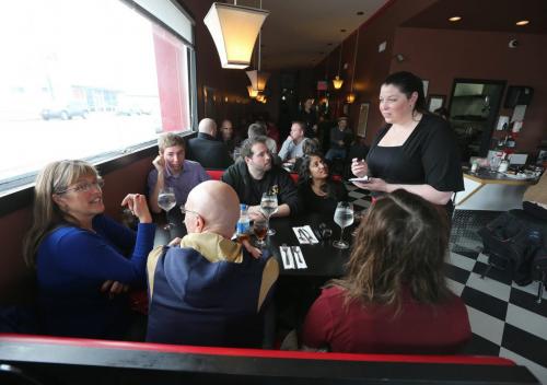 Server Jacinthe (right) takes food orders from a table of Winnipeggers at Pots N Hands restaurant in Morris. Many people from Winnipeg travelled to eat at Pots N Hands in a show of support on Sat., April 6, 2013, after the owners were subjected to homophobic taunts. The owners are planning to close the eatery for good on April 13. RE: Turner story Photo by Jason Halstead for the Winnipeg Free Press