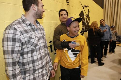 April 7, 2013 - 130407  -  Jim Slater (R) and Anthony Peluso joke around with Harley Stobe (12) for wearing a Penguins jersey at a celebration at Norquay Community Centre. Jim Slater and Anthony Peluso surprised some kids from the North End Hockey Project at Norquay Community Centre in Winnipeg Sunday, April 7, 2013. John Woods / Winnipeg Free Press