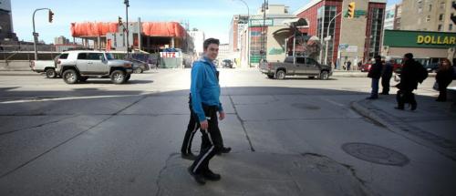 Police Service Cadet Daniel Popel walks a downtown beat Monday afternoon. See Jenn Skerrit's story. April 8, 2013 - (Phil Hossack / Winnipeg Free Press)