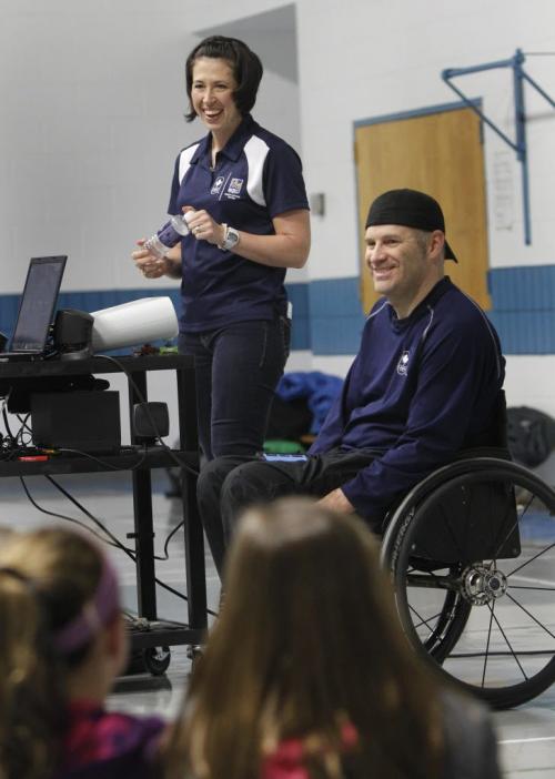 Curling Champion Jill Officer and multiple Paralympic medalist for wheelchair rugby, Jared Funk gave an inspiring presentation to students at Starbuck School in Starbuck Manitoba Monday. The school got the honour to have the athletes attend because Larry McCrady of Morris won their guest appearance through a Pennies from Heaven draw and decided to have them attend a nearby elementary school his grandson attends so the kids in K to Gr. 8 could see them. They are part of the  RBC Olympians program who bring the Olympic message of excellence and leadership to Canadian communities.(WAYNE GLOWACKI/WINNIPEG FREE PRESS) Winnipeg Free Press April 8 2013