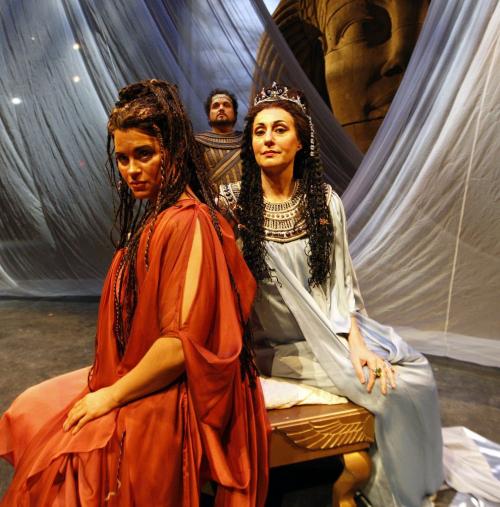 Manitoba  Opera production of Aida at MTC LtoR Aida (  Michele Capalbo in brown dress dark complexion) ,  Radames ( Rafael Davila male ), left  Amnevis ( Tiziana Carraro in blue dress ) . KEN GIGLIOTTI / April . 9 2013 / WINNIPEG FREE PRESS