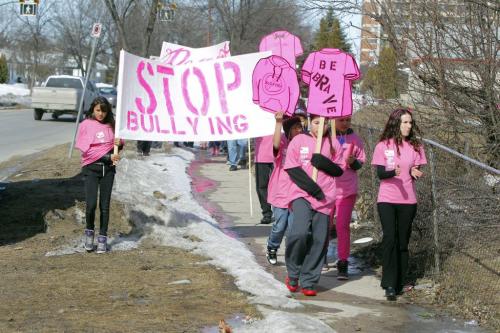 Kids and staff from Elwick Community School wear pink and walk against bullying. April 10, 2013  BORIS MINKEVICH / WINNIPEG FREE PRESS