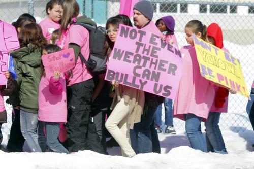 Kids and staff from Elwick Community School wear pink and walk against bullying. April 10, 2013  BORIS MINKEVICH / WINNIPEG FREE PRESS