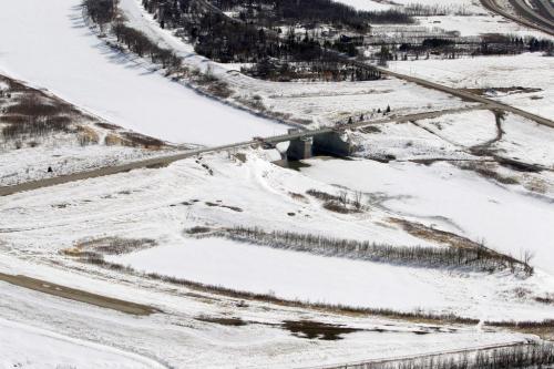 AERIAL PHOTOS south of winnipeg along the Red River. Floodway gates in St. Norbert. April 10, 2013  BORIS MINKEVICH / WINNIPEG FREE PRESS