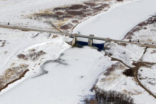 AERIAL PHOTOS south of winnipeg along the Red River. Floodway gates in St. Norbert. April 10, 2013  BORIS MINKEVICH / WINNIPEG FREE PRESS